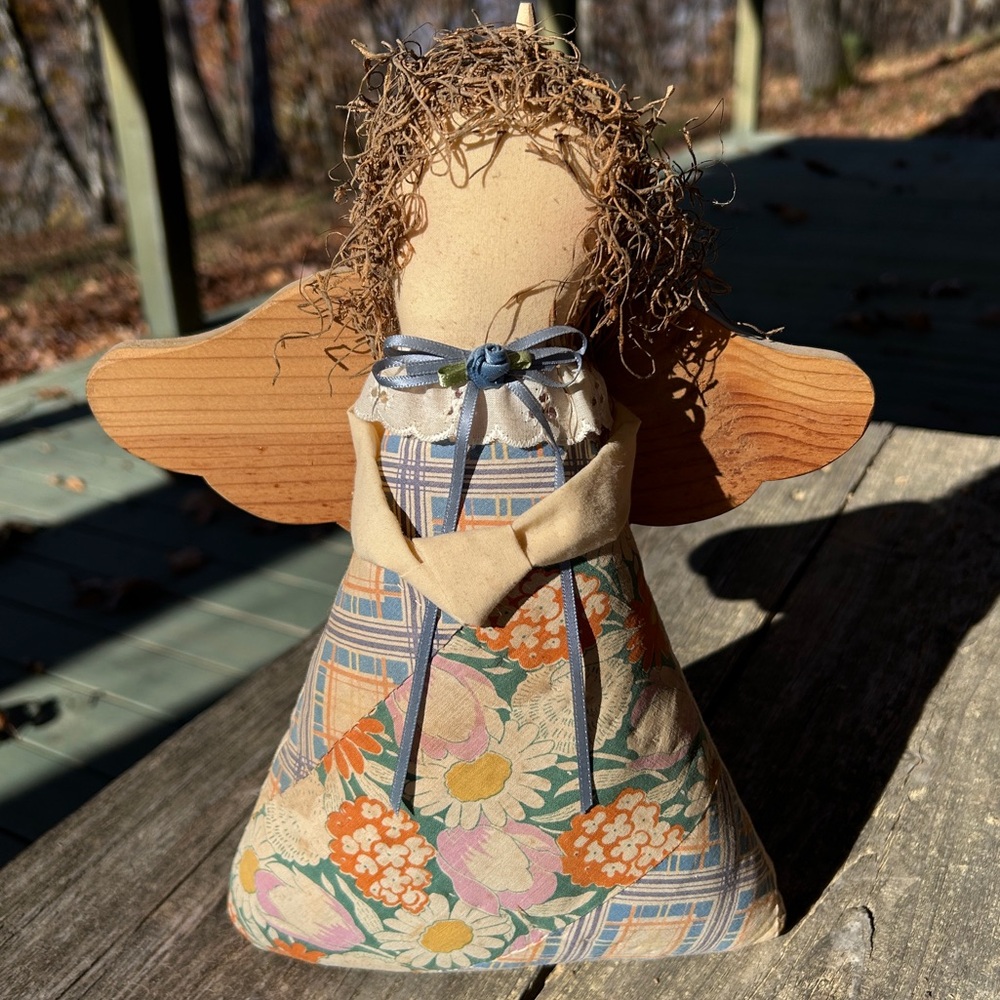Vintage Patchwork Angel with wooden wings. Signed by artist.